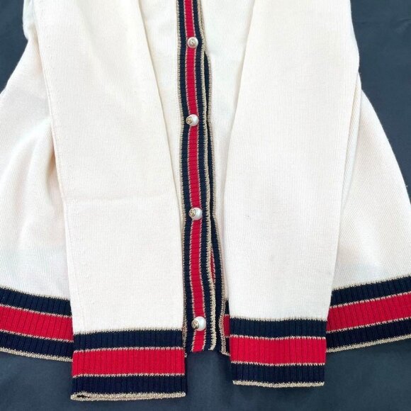 Authentic Gucci Ivory Cream Web Stripe Trimmed Buttons Wool Cardigan Sweater S - Picture 10 of 13
